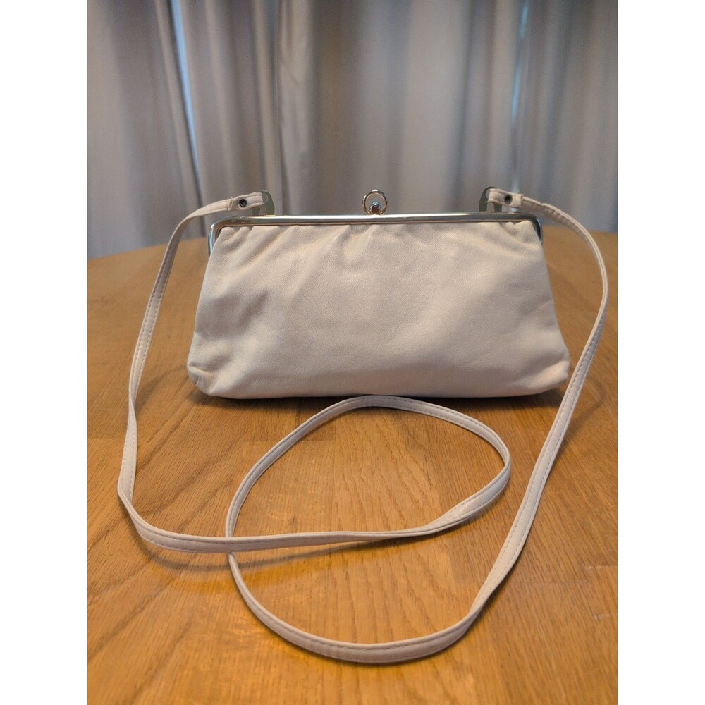 Vtg Italian Classic Leather Crossbody Bag Creme Gold Kiss Lock & Inside Wallet